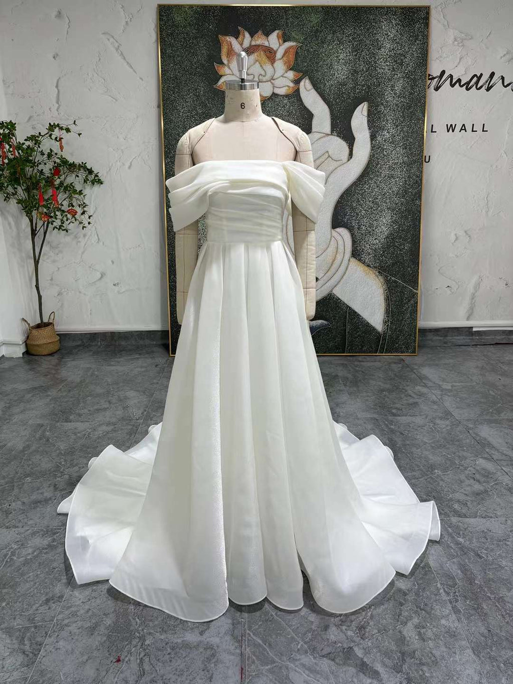 A Line Off Shoulder Ivory Wedding Dress