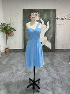 Knee Length One Shoulder Sky Blue Bridesmaid Dress