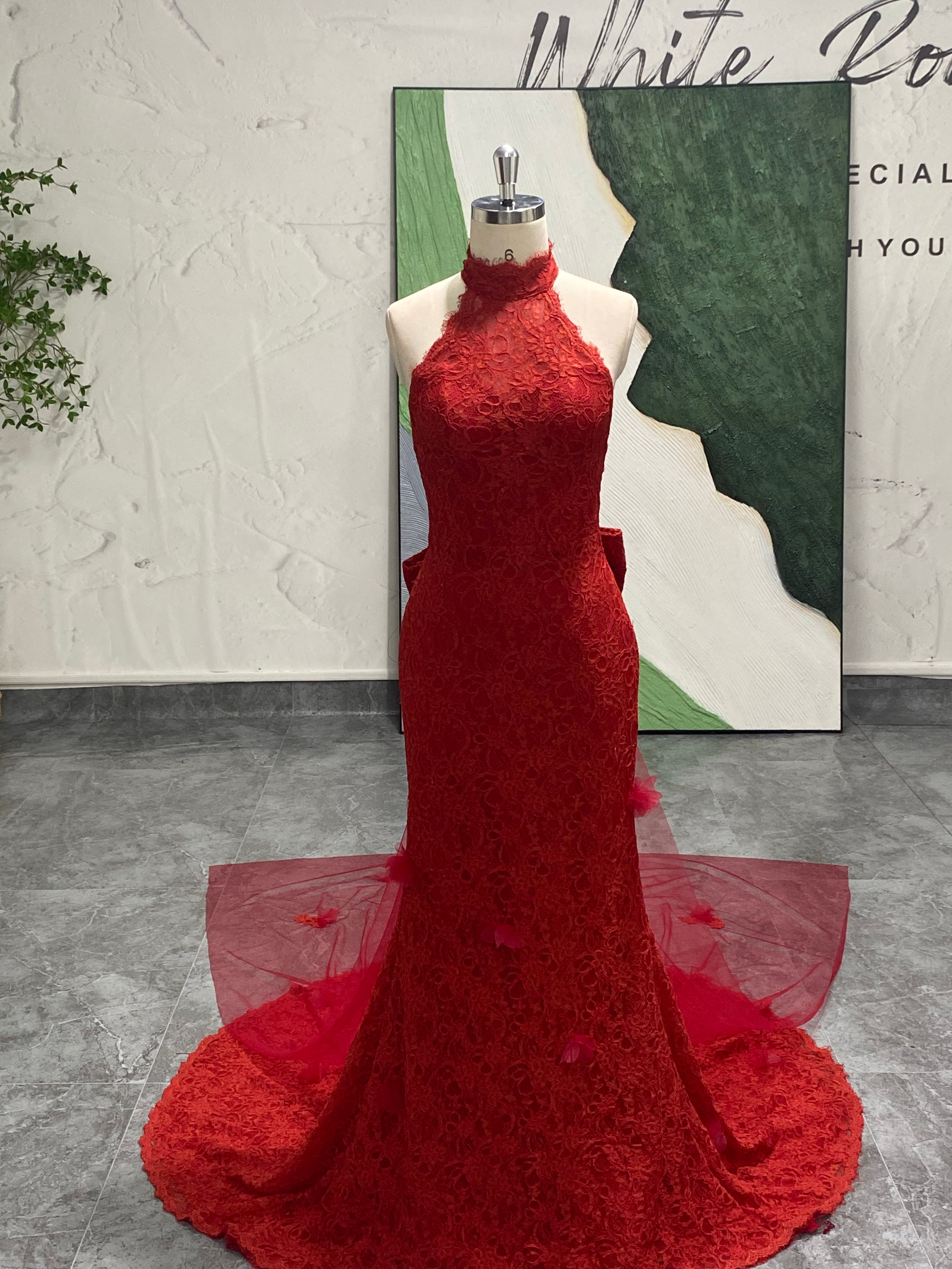 Mermaid High Neck Red Lace Wedding Dress