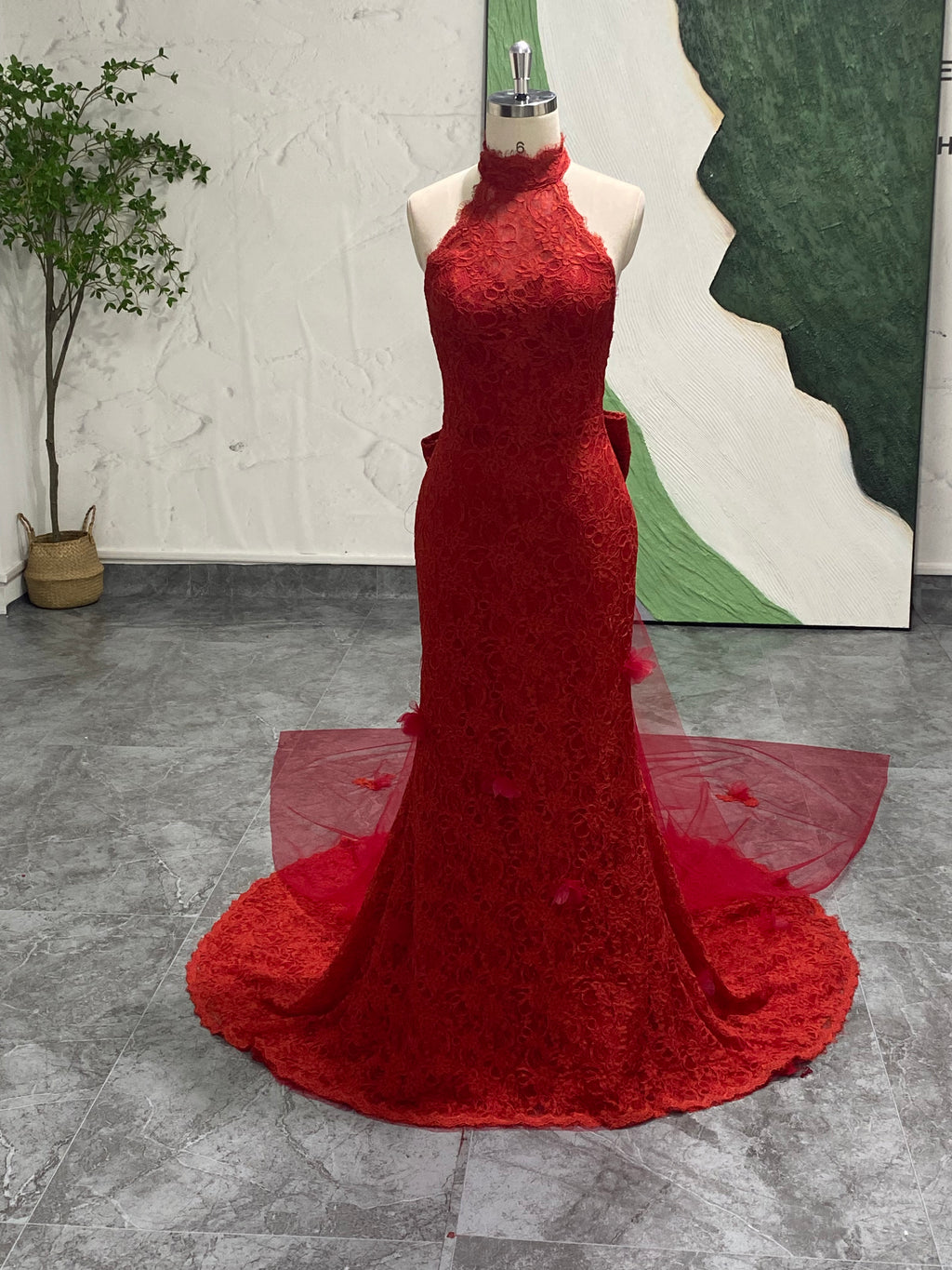 Mermaid High Neck Red Lace Wedding Dress with Train