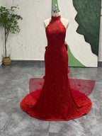 Mermaid High Neck Red Lace Wedding Dress with Train