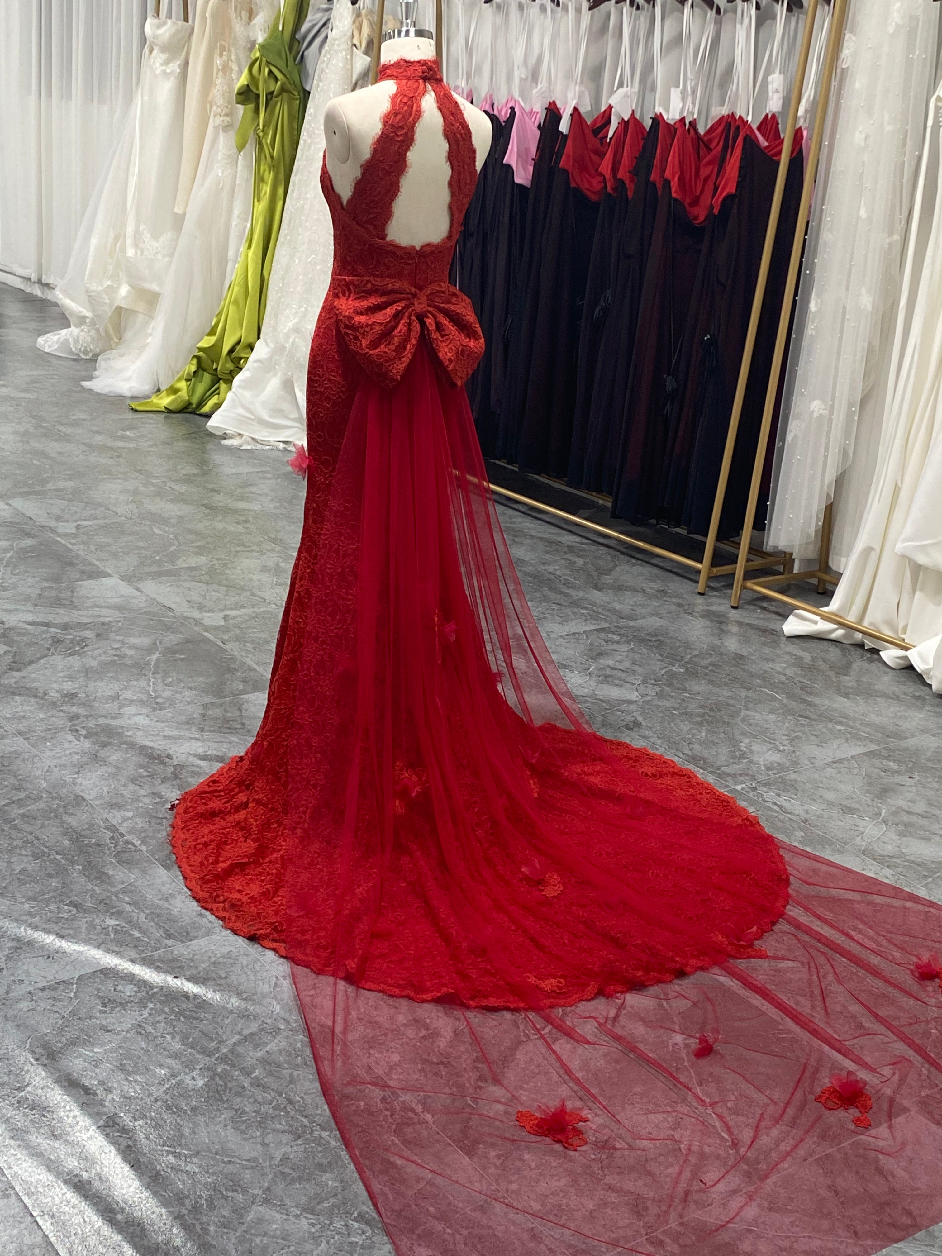 Mermaid High Neck Red Wedding Dress