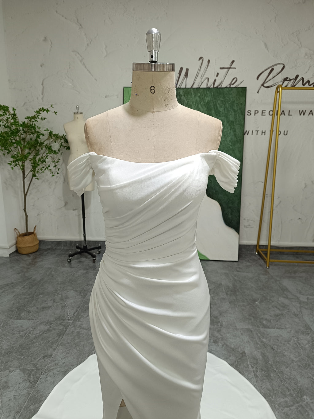 Mermaid Off Shoulder Sleeve Satin Wedding Dress
