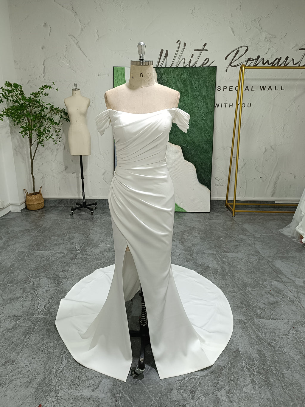 Mermaid Off Shoulder Sleeve Slit Satin Wedding Dress
