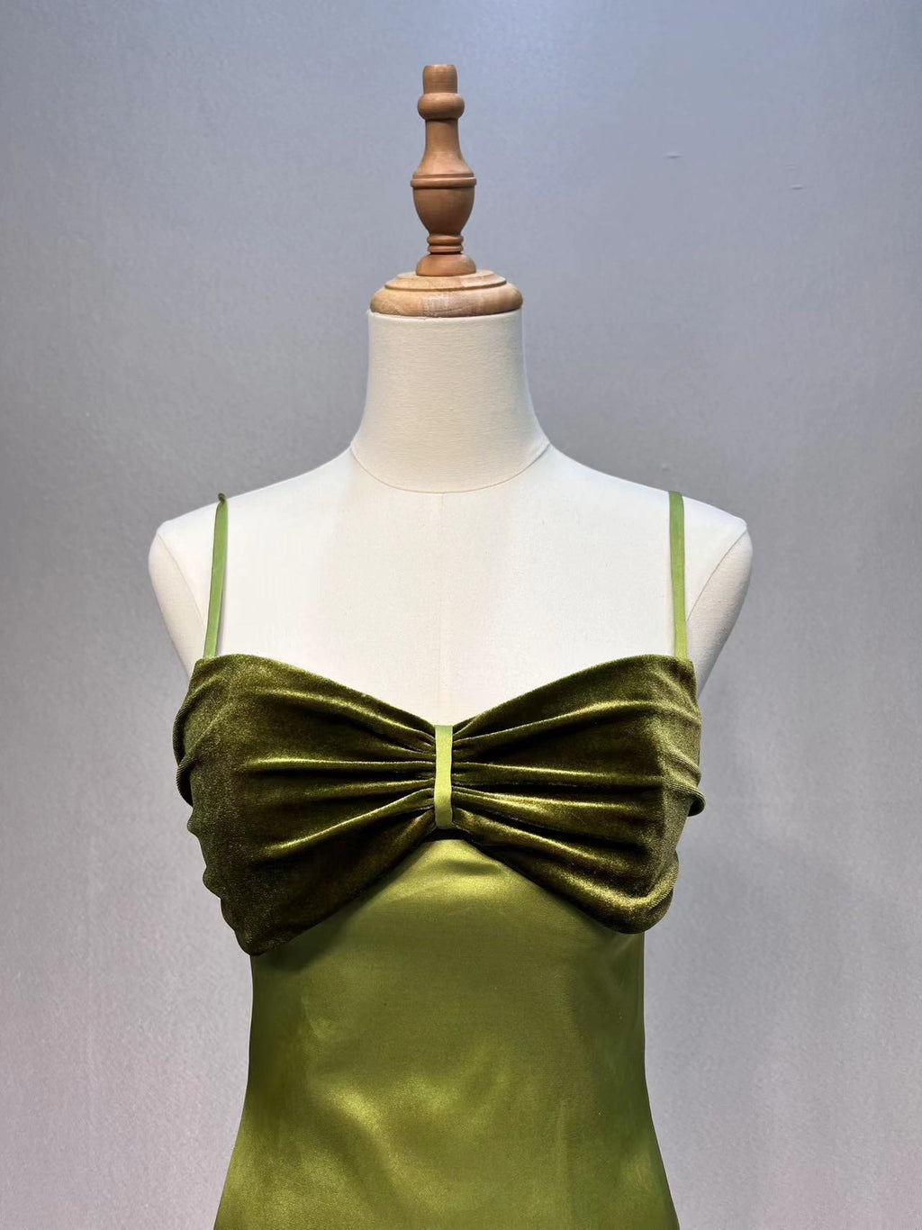 Olive Green Velvet Bow Slip Dress