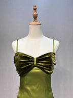 Olive Green Velvet Bow Slip Dress