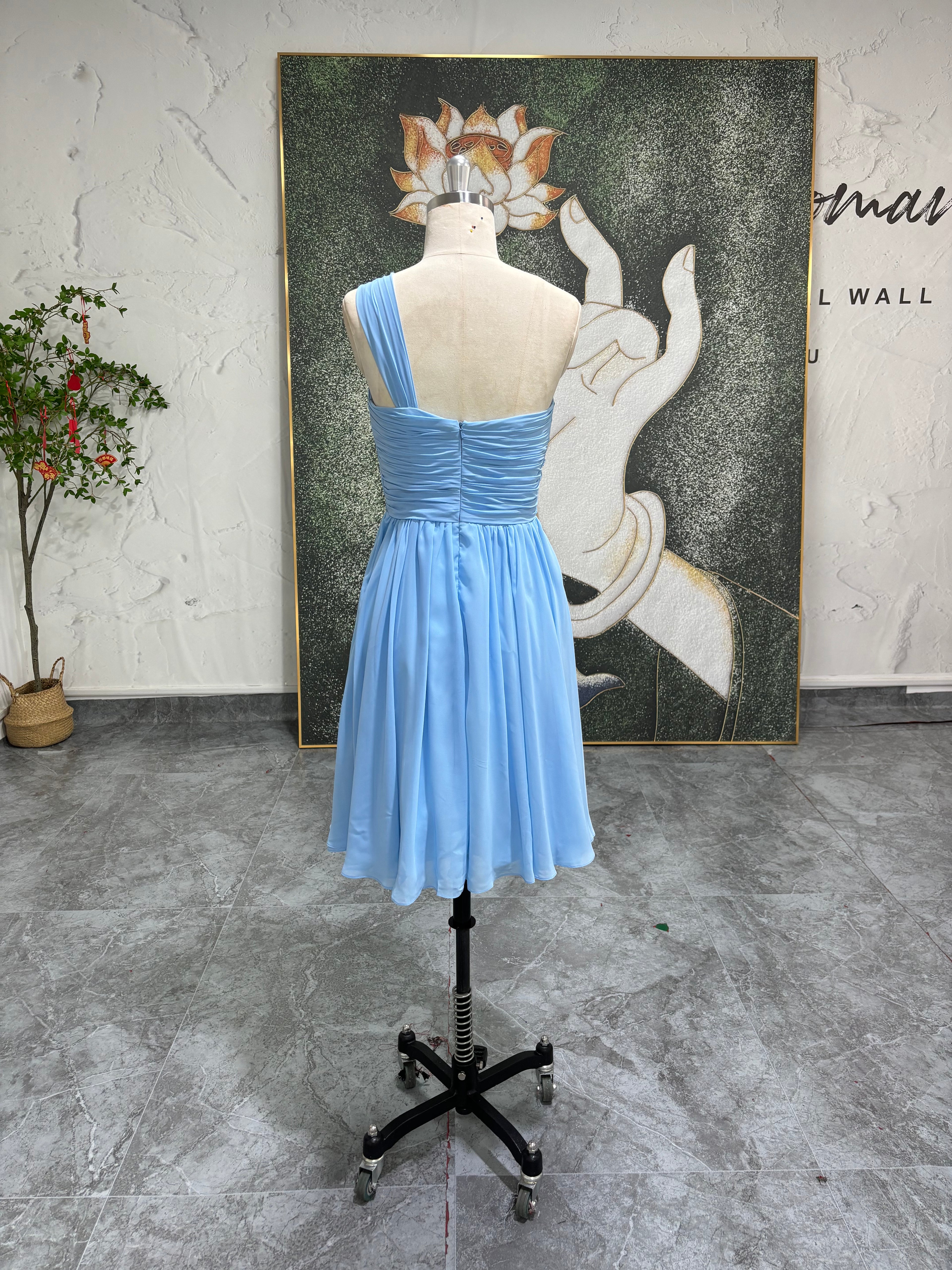 One Shoulder Sky Blue Bridesmaid Dress