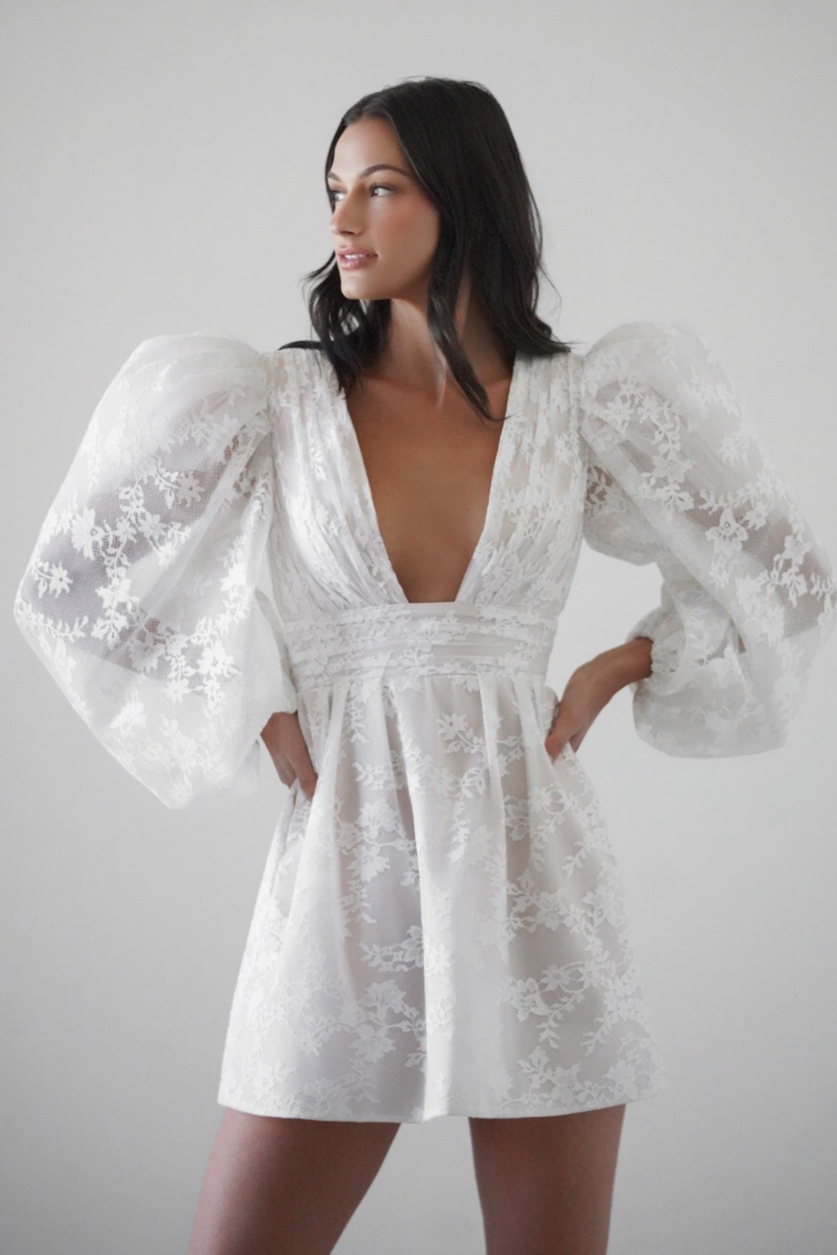 Puff Sleeve V-Neck Short Lace Dress
