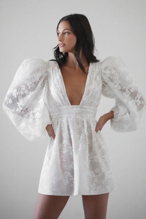 Puff Sleeve V-Neck Short Lace Dress