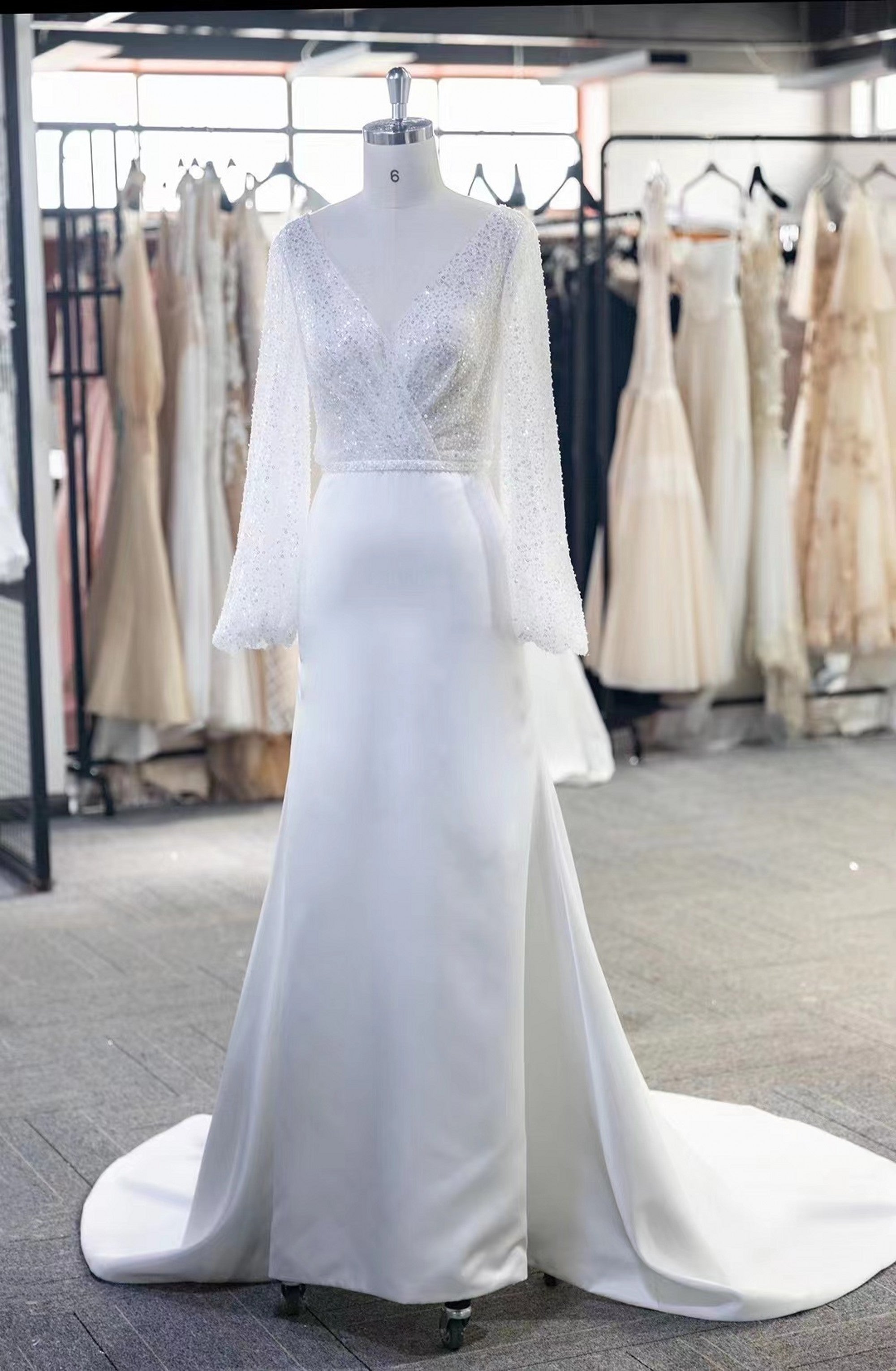 Sexy Deep V-back Long Sleeve Sequins Wedding Dress