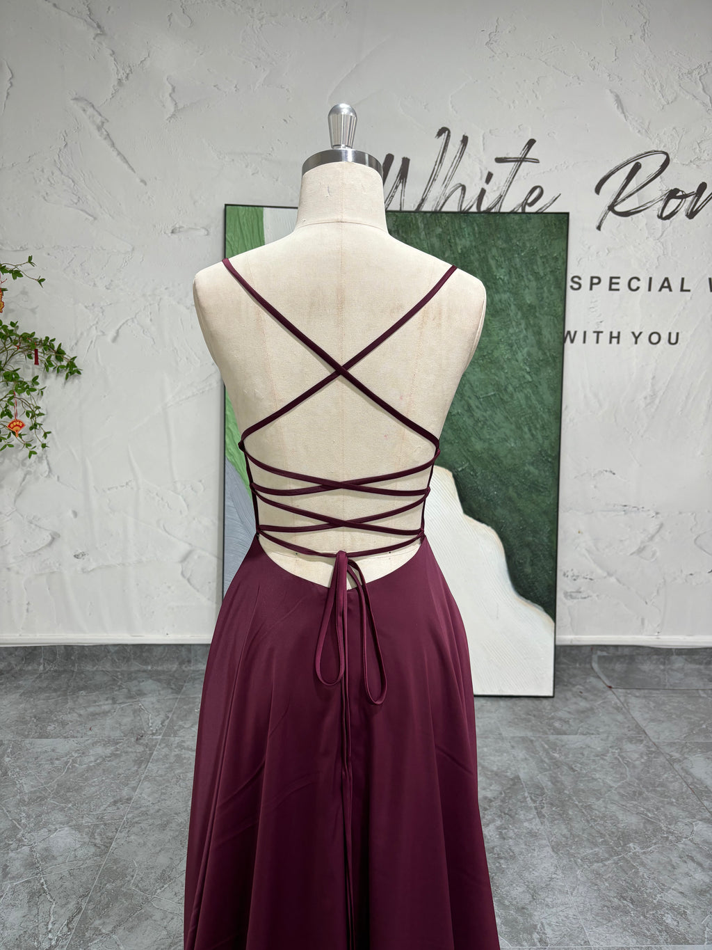 Spaghetti Straps Criss Cross Back Slit Burgundy Prom Dress