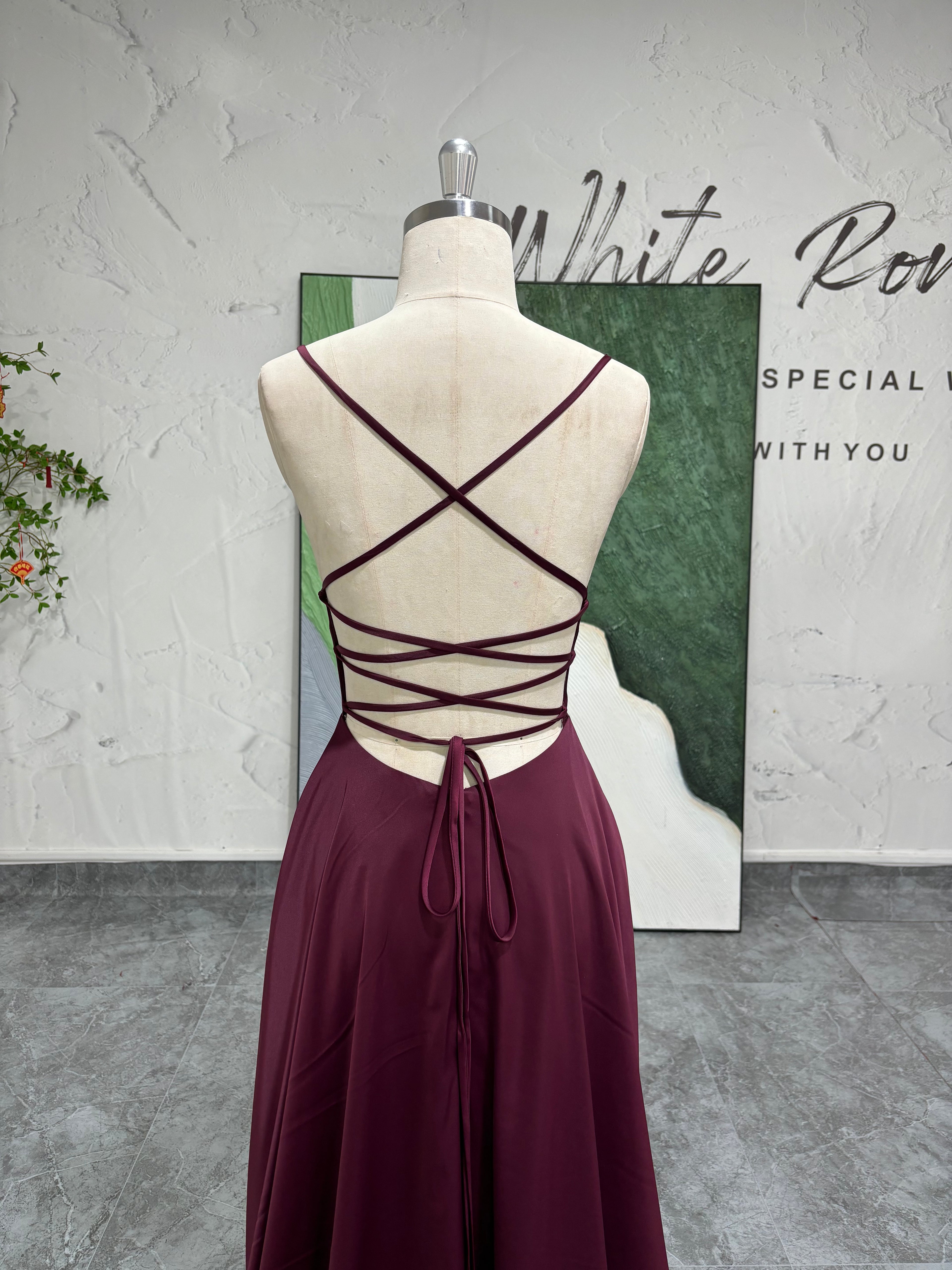 Spaghetti Straps Criss Cross Back Slit Burgundy Prom Dress