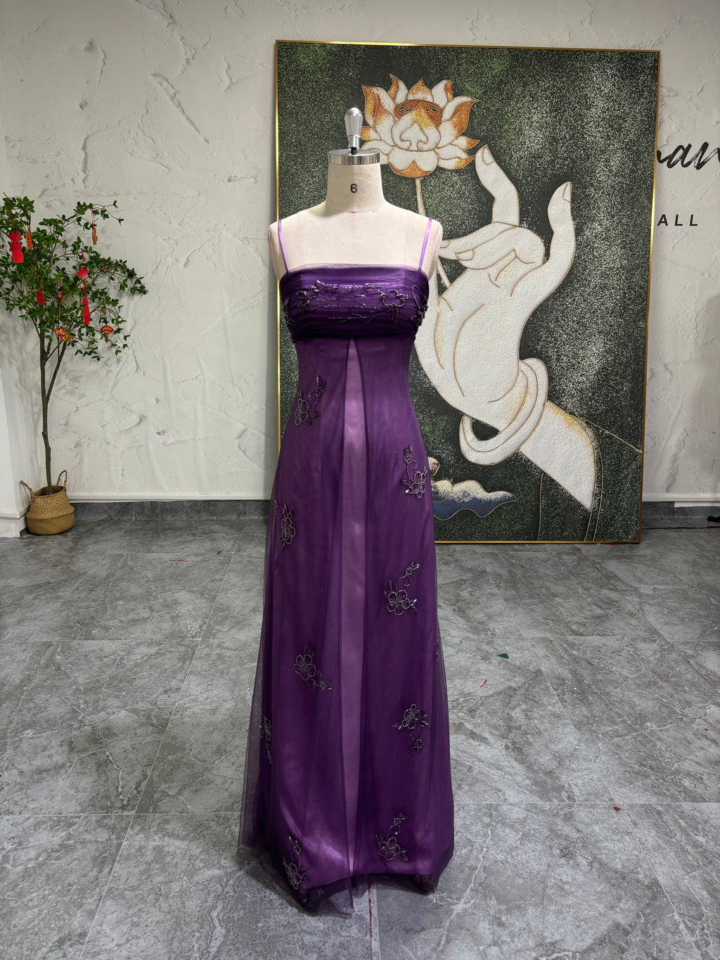 Square Neckline Purple Hand-Beaded Prom Dress