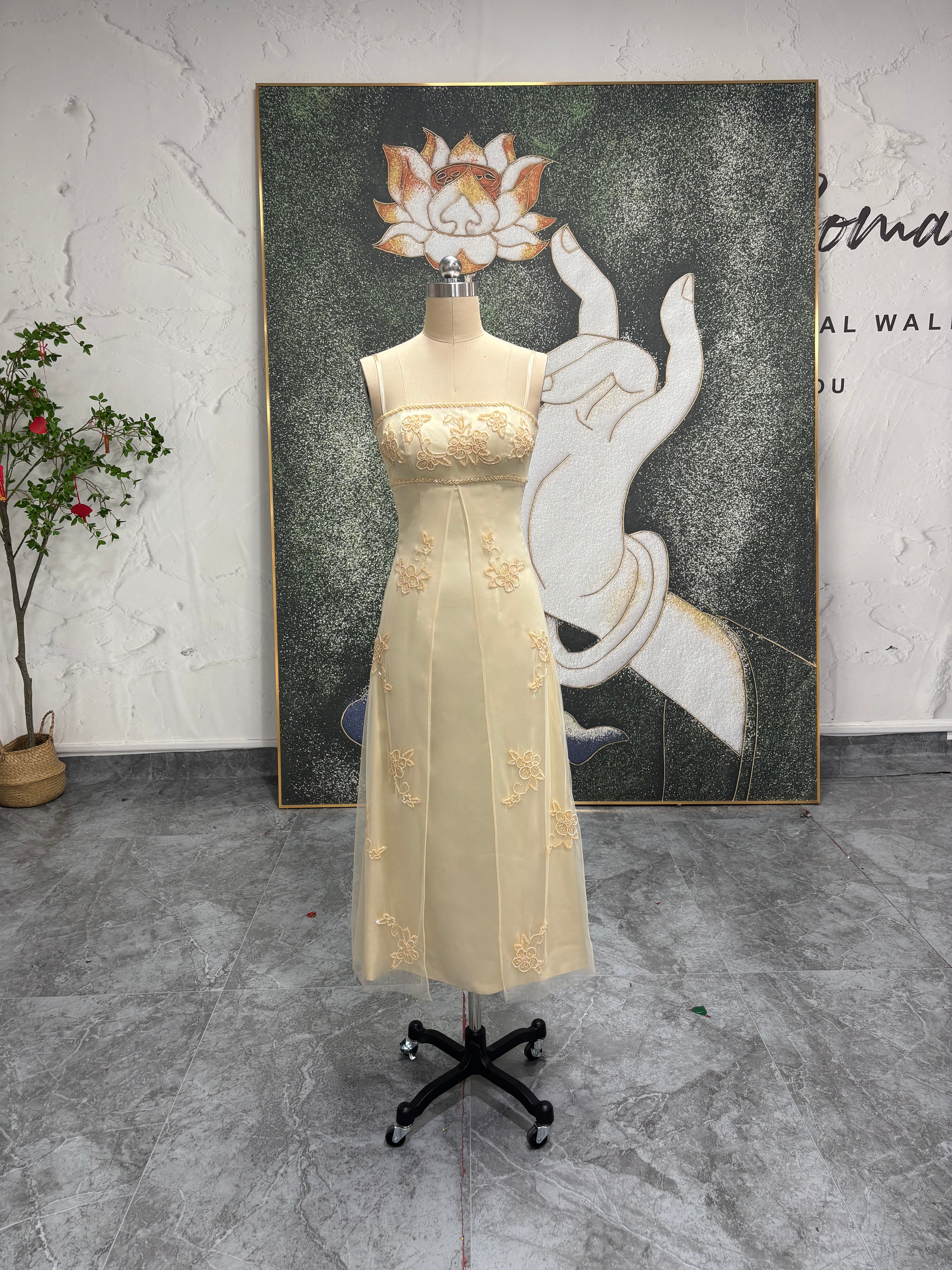Square Neckline Vintage Yellow Prom Dress