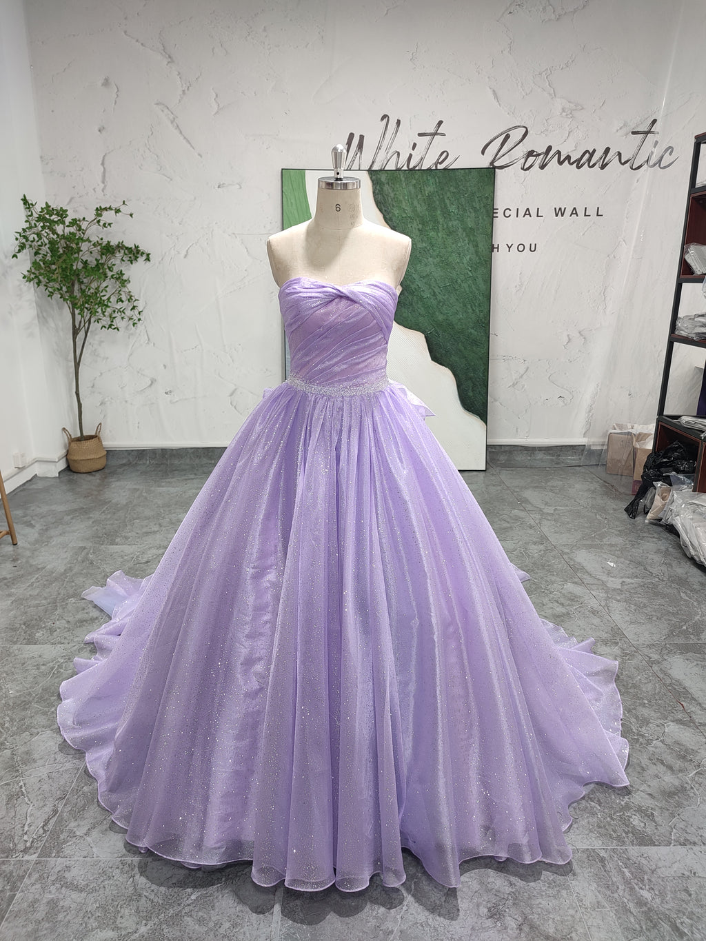 Strapless Sparkle Lilac Ruffle Skirt Wedding Ball Gown
