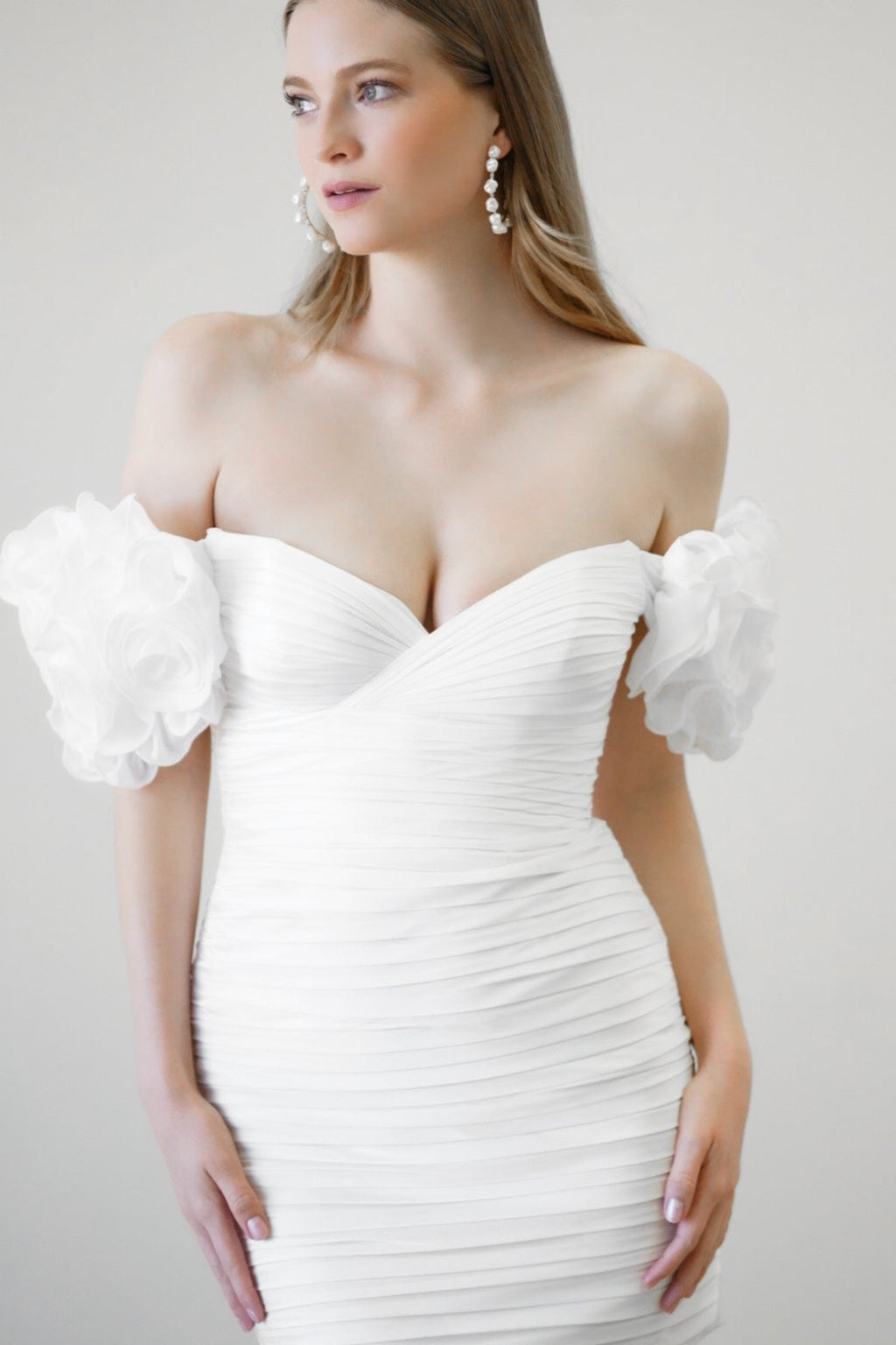 White Strapless Mini Wedding Dress with Pleated Design 
