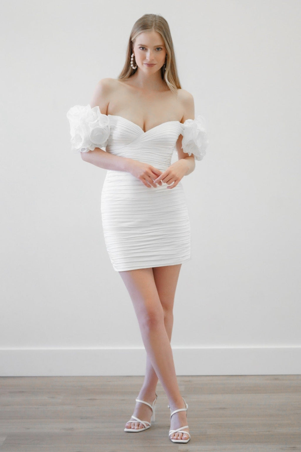 White Strapless Mini Wedding Dress with Pleated Design & 3D Floral Sleeves