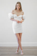 White Strapless Mini Wedding Dress with Pleated Design & 3D Floral Sleeves