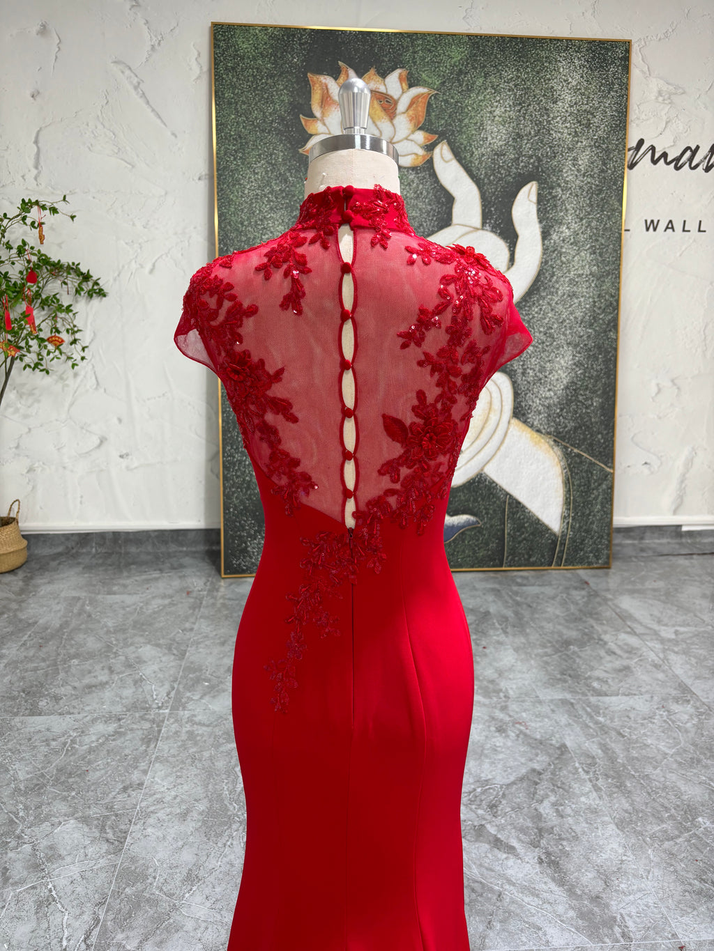 mermaid red high-neck wedding dress