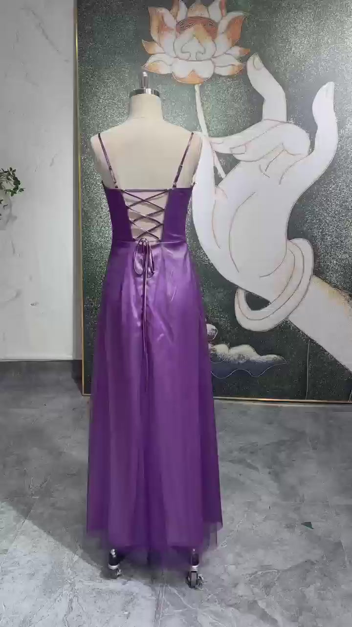Square Neckline Purple Hand-Beaded Prom Dress