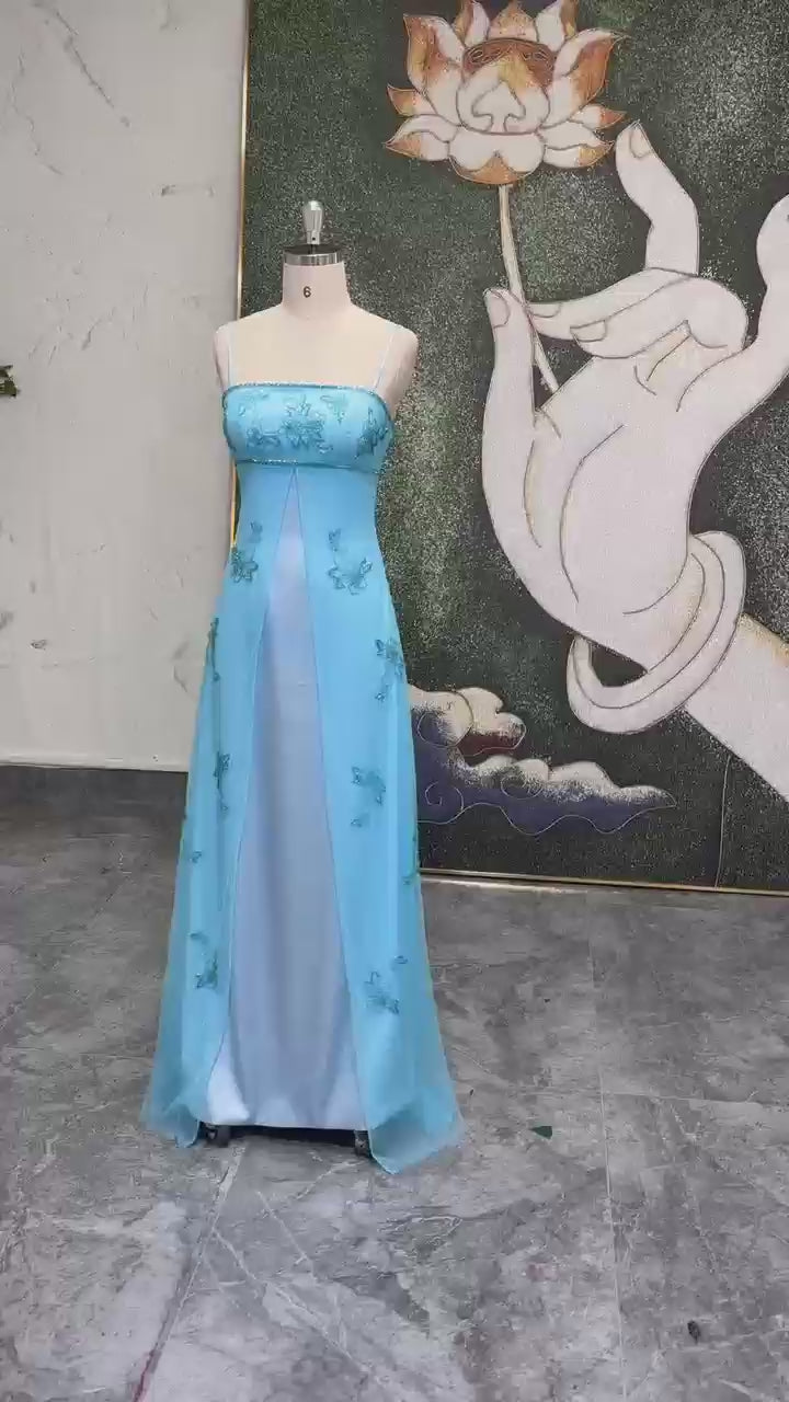 Vintage 90S Beaded Blue Prom Dress