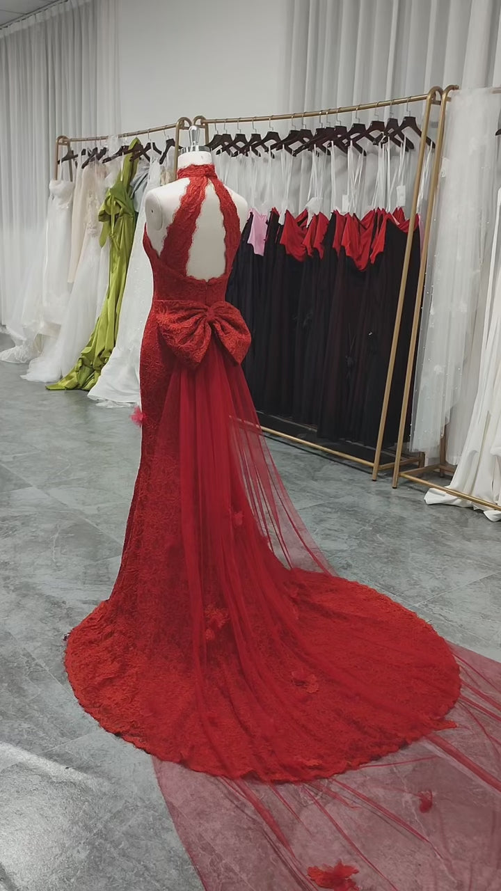 Mermaid High Neck Red Lace Wedding Dress