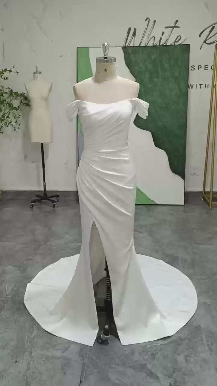Mermaid Off Shoulder Sleeve Slit Satin Wedding Dress